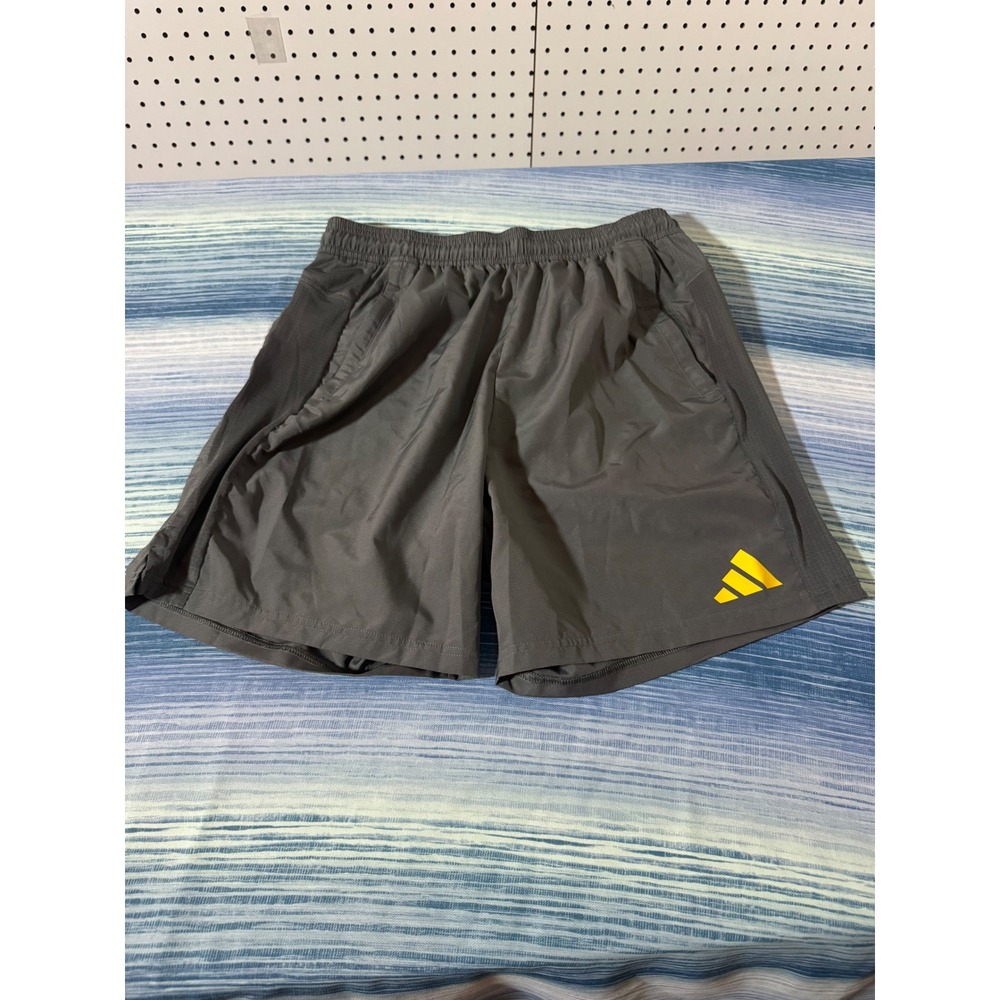 Adidas Mens Athletic Shorts Dark Gray Yellow Logo Elastic Waist Pockets Gym L - Picture 1 of 4